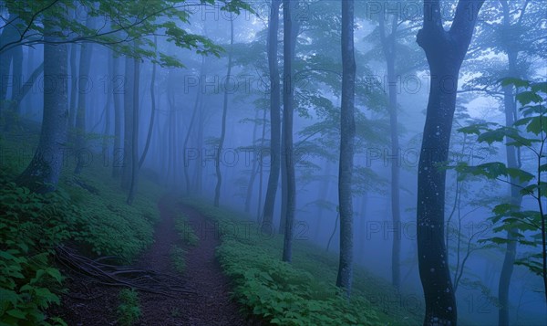 A peaceful trail meanders through a mist-covered forest AI generated