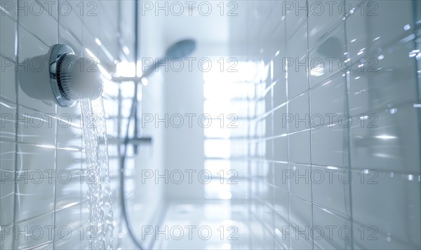 Stream of water running from a showerhead in a bright, modern bathroom AI generated