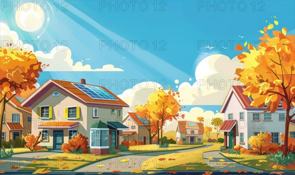 Autumn suburb scene with houses featuring solar panels, colorful fall trees, and a sunny street AI generated