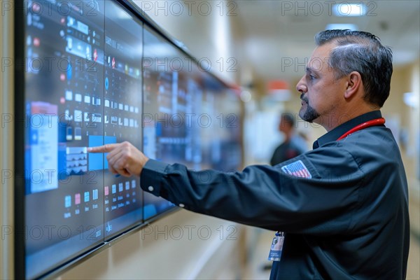 Healthcare worker interacting with a large touchscreen display showing various medical data, AI generated
