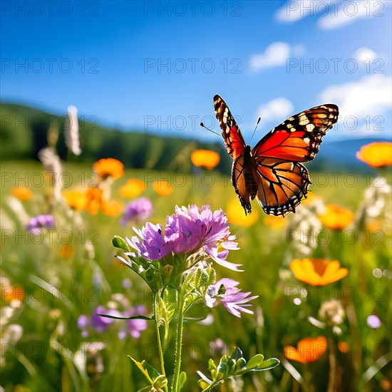 Peacock butterfly in mid flutter above wildflower meadow, AI generated