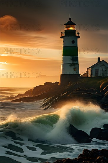 Lighthouse nestled against a vast ocean with waves rhythmically crashed onto the rocky shoreline, AI generated