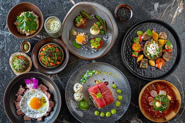 An array of colorful fusion cuisine dishes presented as a tasting menu, AI generated