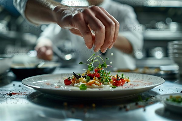 Chef demonstrating artistic plating skills with fresh ingredients, AI generated