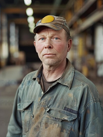 Tired worker in dirty uniform and hardhat in an industrial environment, AI generated