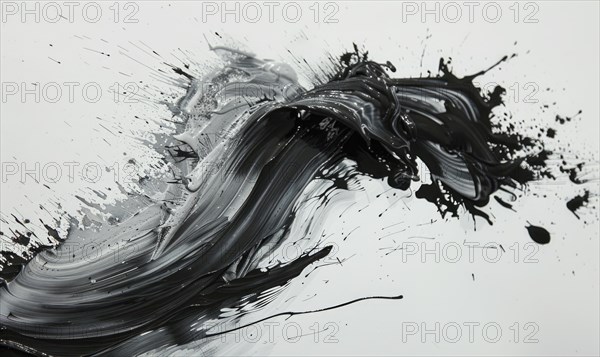 A brush glides across a white canvas. Black, gray and white dramatic strokes. Abstract background AI generated