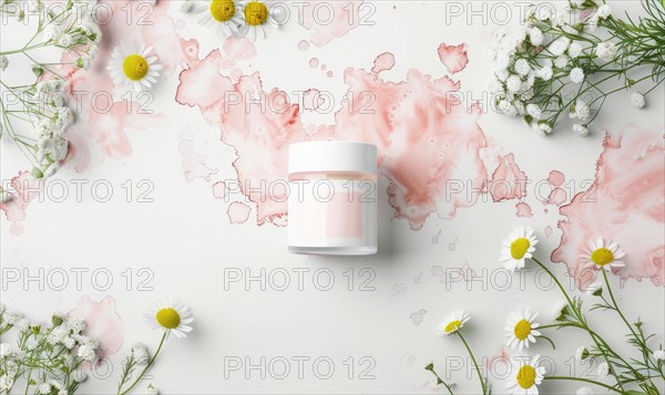 Cosmetic jar blank mockup placed on a serene watercolor chamomile background AI generated