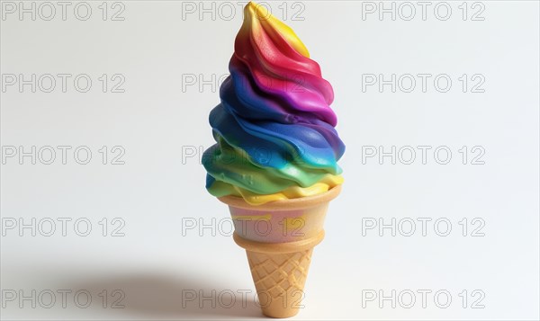 Rainbow-colored ice cream cone on white background AI generated