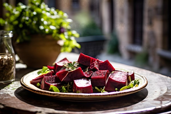 Beetroot and goat cheese salad arranged on a rustic cafe table, AI generated