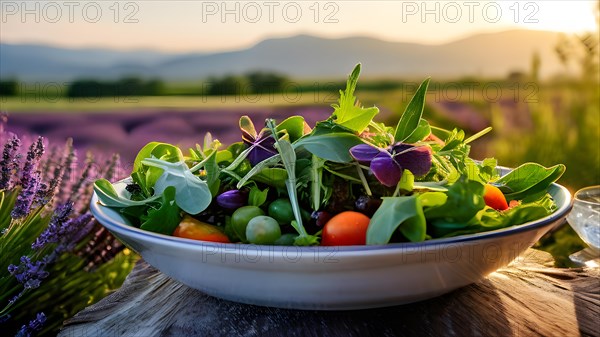 Gourmet salad centered in a lush lavender field, AI generated