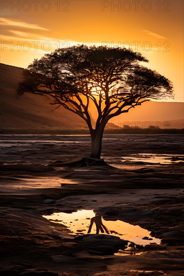 Lone tree exhibiting resilience in a barren deforestation landscape, AI generated