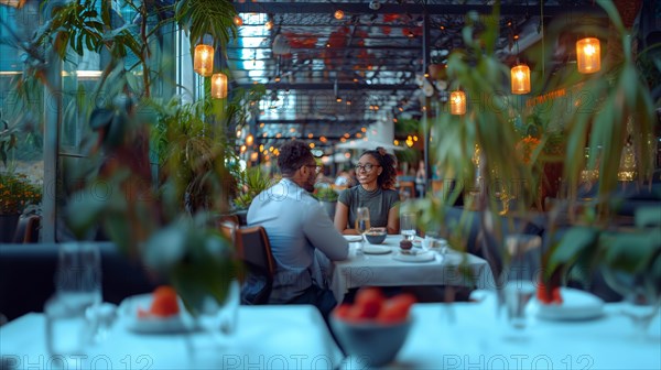 Elegant romantic african american couple enjoying a peaceful dinner at a classy restaurant, AI generated