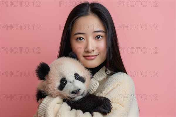 Young Asian woman holding a Giant Panda cub in front of studio background. KI generiert, generiert, AI generated