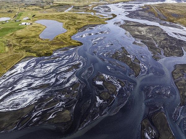 Overgrown river landscape, Eldhraun, near Kirkjubaejarklaustur, drone image, Sudurland, Iceland, Europe