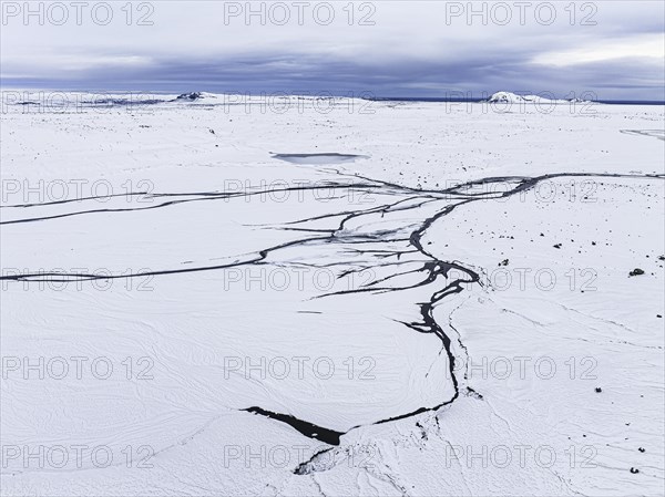 Overgrown river landscape, onset of winter, Fjallabak Nature Reserve, drone shot, Sudurland, Iceland, Europe