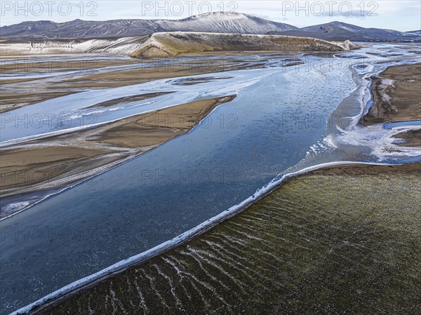 Overgrown river landscape, drone shot, Fjallabak Nature Reserve, Sudurland, Iceland, Europe