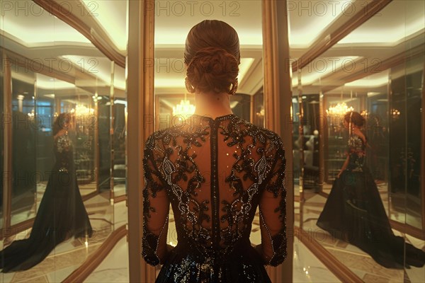 Woman in an elegant black dress viewed from behind, reflected in the grand mirrors of a luxurious space, AI generated