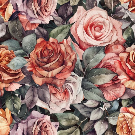 Seamless watercolor pattern with rose blossoms in pastel tones AI generated