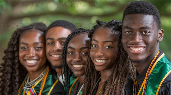 A cheerful group of diverse graduates wearing kente stoles outdoors, AI generated