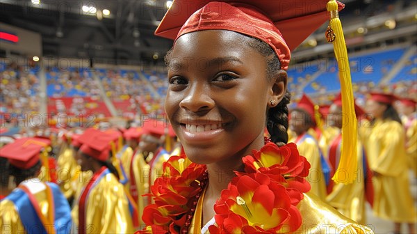 Smiling female graduate wearing a red cap and yellow gown, adorned with a floral lei, in a big college ceremony, AI generated
