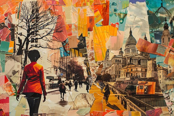 Collage of a woman's silhouette overlaid on a vibrant urban scene with mixed architectural elements, illustration, AI generated