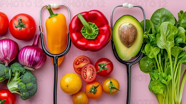 Fresh vegetables and fruits arranged with a stethoscope symbolizing health and nutrition, AI generated