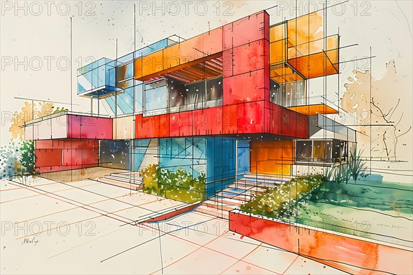 An artistic watercolor representation of a modern building with bold reds and rectangular shapes, AI generated