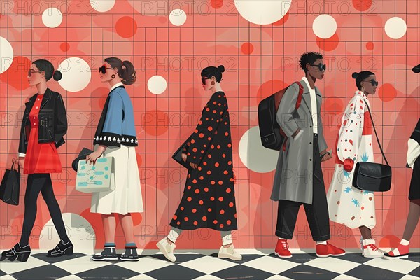 Stylized illustration of fashionable pedestrians on an urban street with polka dot elements, illustration, AI generated