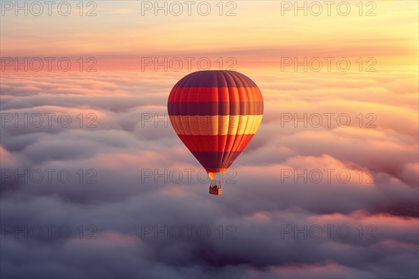 Colorful hot air balloon floats over a sea of clouds at sunset at sunset with orange and blue skies in the background. Travel journey adventure beauty of nature concept, AI generated