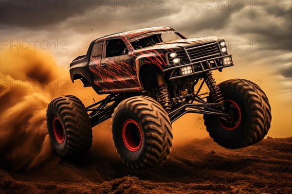 Monster truck driving and jumping outdoors amidst a cloud of dust. Thrill and adrenaline of an outdoor racing event on off-road terrain, AI generated