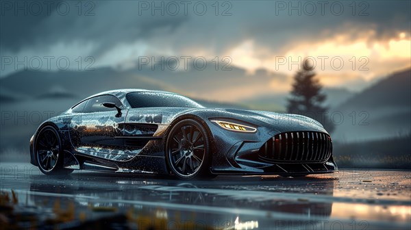 Reflective german powerful hybrid sports car on a wet road with a brooding, dramatic sky and mountains in the backdrop, AI generated