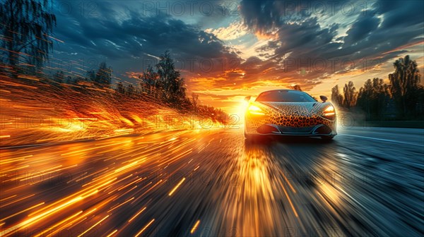 Electric car in motion with light trails on the highway at sunset, ultra wide low angle view, AI generated