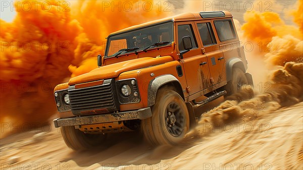 Off-road vehicle in the desert creating a dust explosion with an orange tint, AI generated