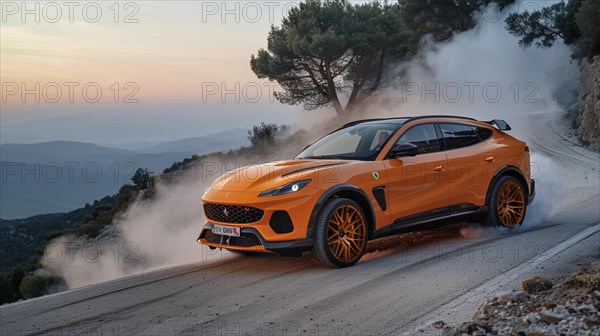 A vibrant orange suv sporty car expensive speeds down a mountain road with dust behind it, AI generated