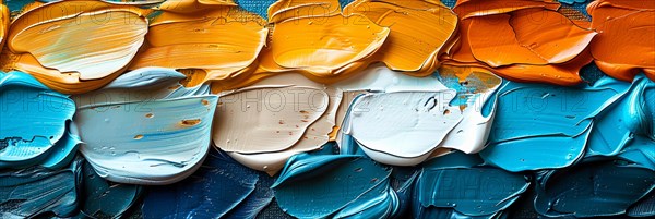 Layered oil paint in shades of orange, beige, and blue creating an abstract texture, banner 3:1 wide style, horizontal aspect ratio, AI generated