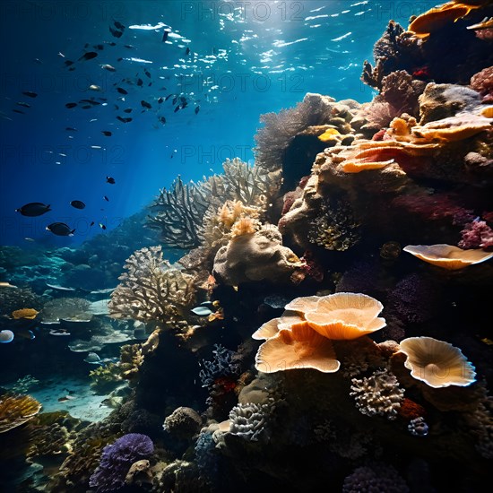 Coral reef juxtaposing patches of bleached coral with vivid marine life, AI generated