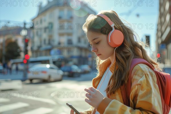 Schoolgirl with headphones looking at her smartphone on a busy street in a city, symbolic image for accident risk due to media distraction in road traffic, AI generated, AI generated, AI generated