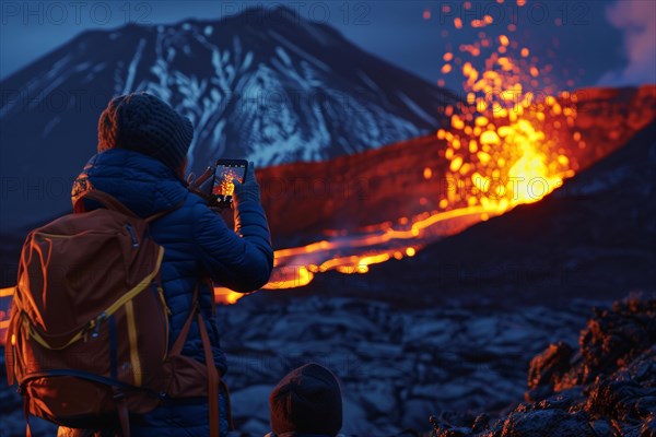 Tourists, onlookers photograph a spectacular volcanic landscape with liquid, partially cooled lava flows with their smartphones, symbolic image for volcano tourism, disaster tourism, travel trends and the associated dangers, AI generated, AI generated, AI generated