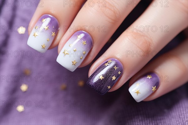 Close up of woman's fingernails with purple and golden star nail art design. KI generiert, generiert, AI generated
