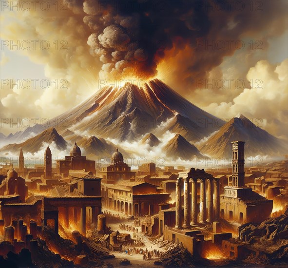 Pompeii during the eruption of the volcano Vesuvius in 79 AD, lava pours into the ancient city, AI generated, AI generated