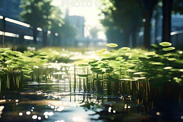 Lose ups of plants in an urban park functioning as a flood mitigation system, AI generated