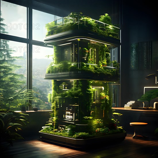 Concept of an air purification tower nestled in an urban setting coated with lush moss and climbing plants, AI generated