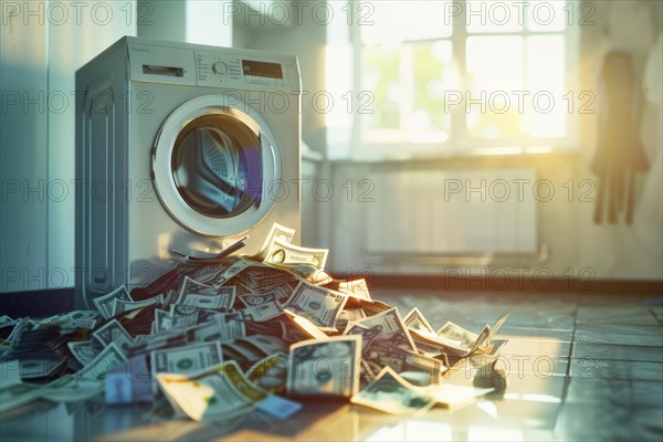 A mountain of banknotes lying in front of a washing machine, symbolising money laundering, illegally generated money, AI generated, AI generated, AI generated