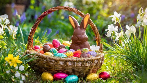 An Easter basket with a chocolate bunny surrounded by colourful eggs and spring flowers, Easter symbol, AI generated, AI generated