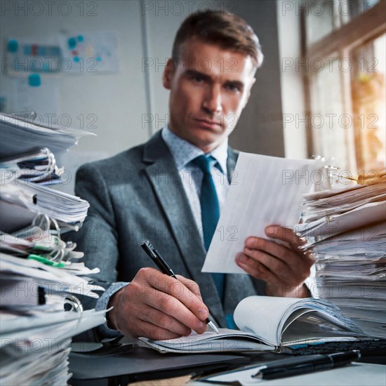 A serious businessman in a suit sits in an office surrounded by piles of paper, symbolism bureaucracy, AI generated, AI generated