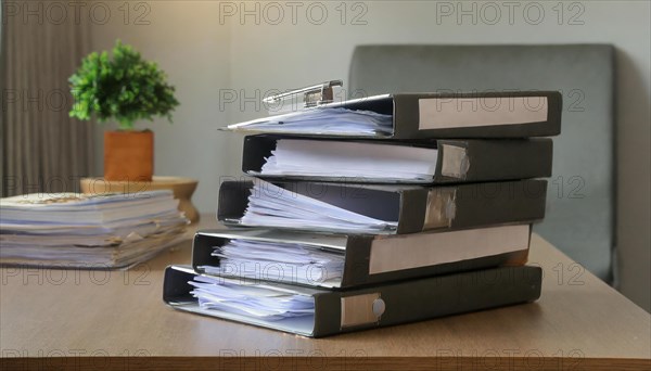 A pile of folders and documents organised on a desk in the office, symbolism bureaucracy, AI generated, AI generated