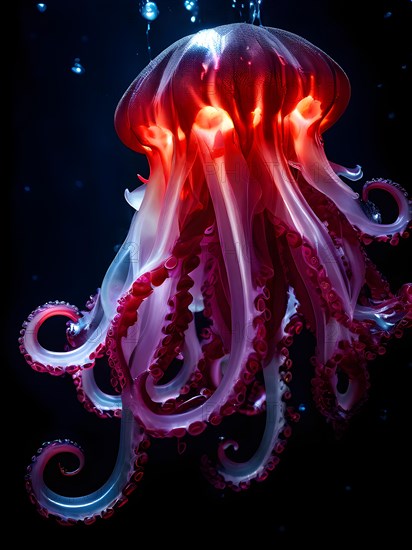 Vampire squid with bioluminescent filaments, AI generated, deep sea, fish, squid, bioluminescent, glowing, light, water, ocean