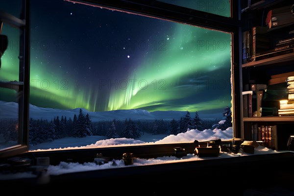 Aurora borealis through frost framed window and a vast snowy landscape beneath, AI generated