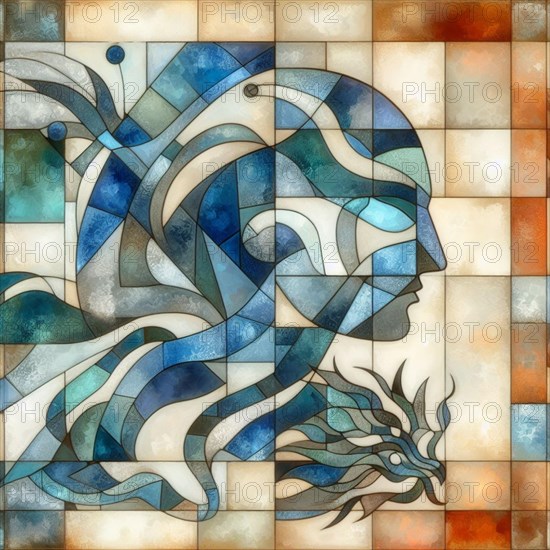 Calm abstract mosaic of a profile with geometric shapes flowing in blue and white, square aspect, orange teal color palette, AI generated