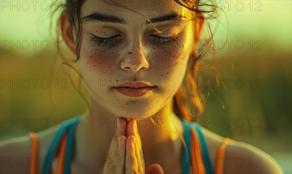 Woman with closed eyes in prayerful pose during serene golden hour AI generated